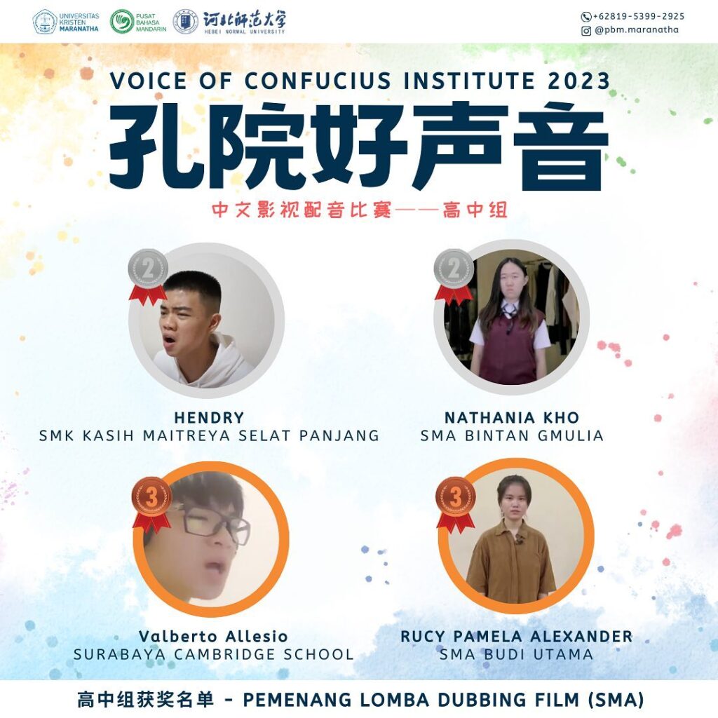 Selamat Kepada Hendry Sebagai Juara 2 Lomba Dubbing Film Voice of Confucius Institute 2023 kategori SMA